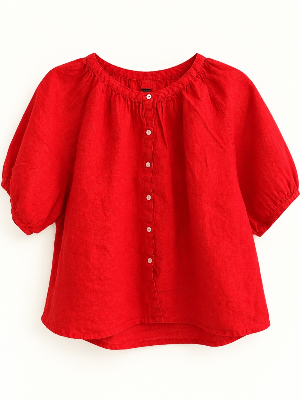 Cynthia Rowley Linen Top Red Short Sleeve Button Front Peasant Blouse L